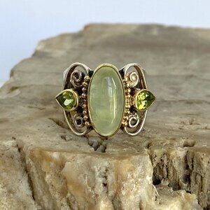 Michou Sterling Silver 925 Vermeil Oval Prehnite Peridot Scrollwork Ring Sz 6.25